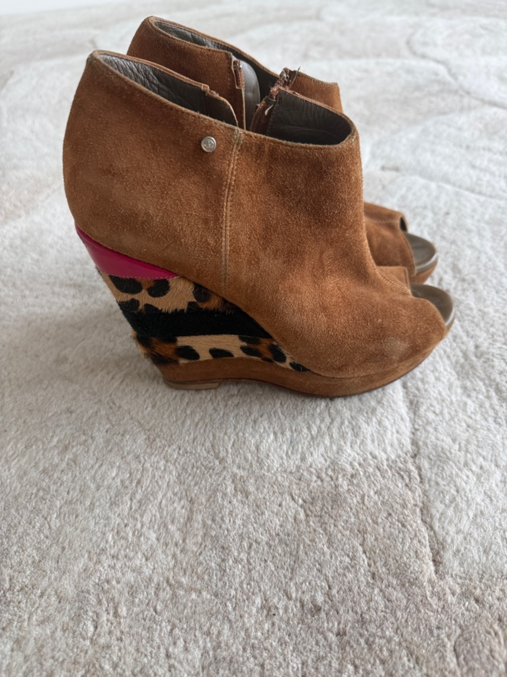 Just Cavalli Cognac Suede Peep-Toe Wedge Boots with Leopard and Pink Accent